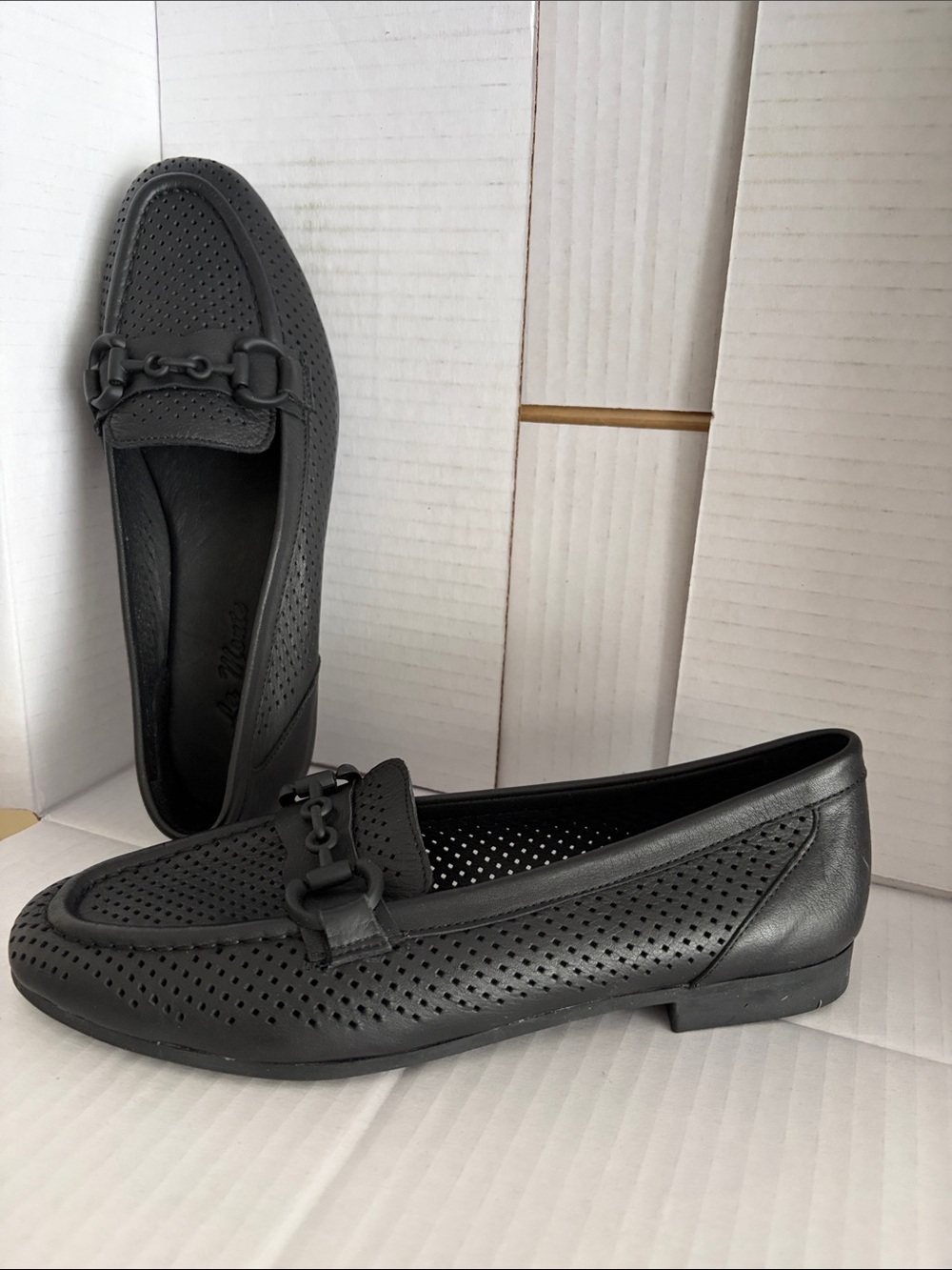 Women’s Black Perforated Slip-On Loafers with Chain Detail( Genuine leather)